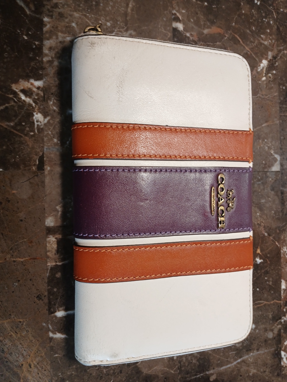 Coach Colorblock Zip Wallet in White, Brown, Purple